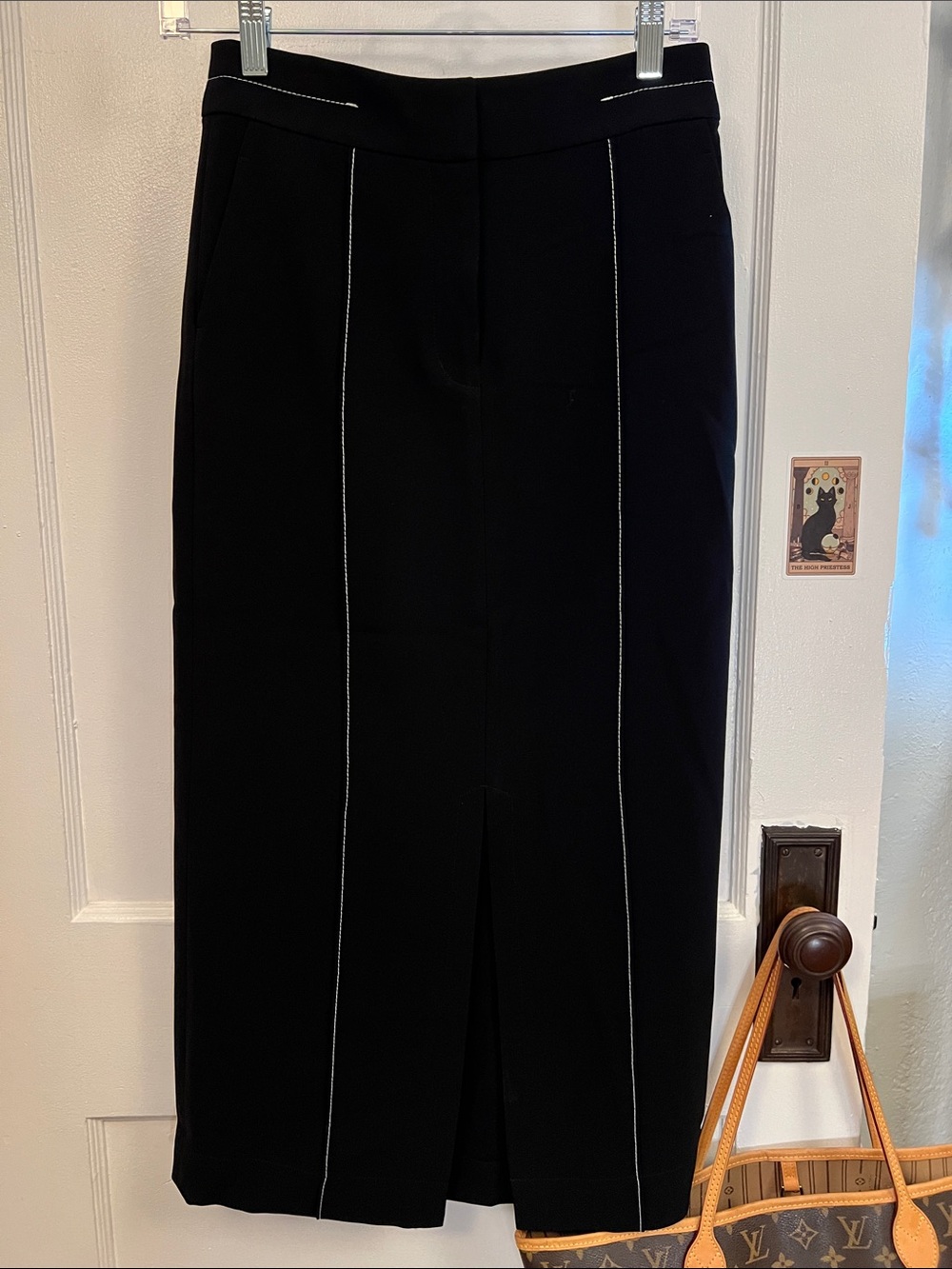 MM Lafleur Black Pencil Skirt with White Topstitching